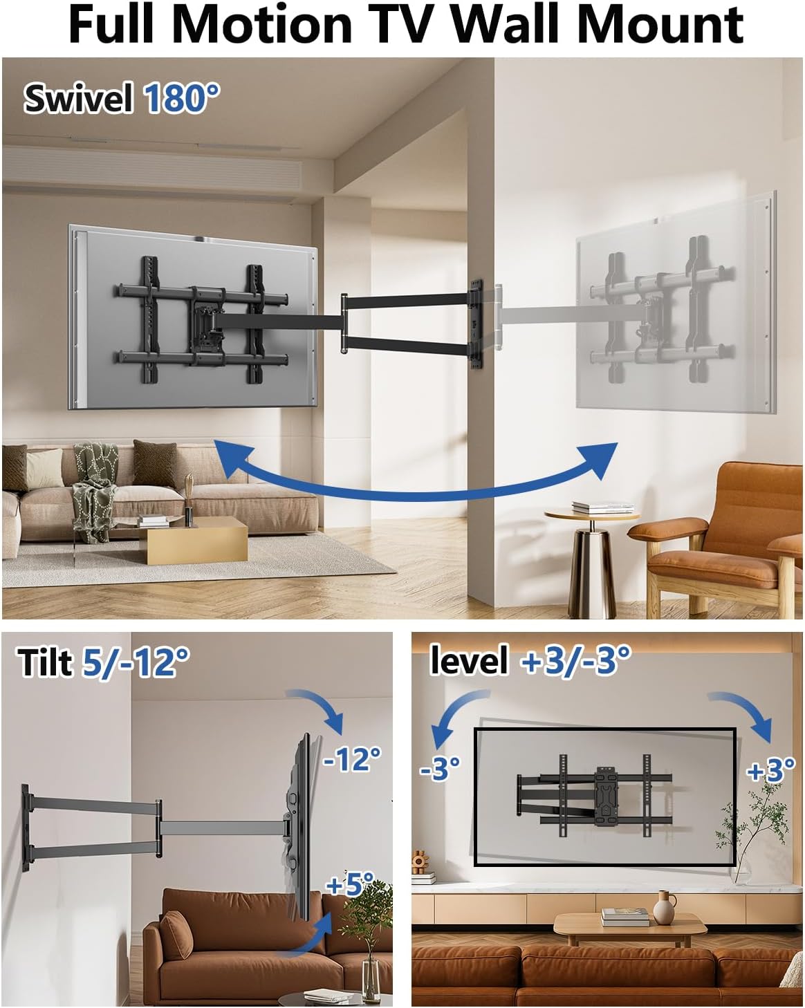 FORGING MOUNT Corner TV Wall Mount Long Arm TV Mount for 32-75 inch TVs | Single Stud Full Motion Articulating TV Bracket with 33” Extension, Swivel Tilt, Max VESA 600x400mm, Holds up to 100 lbs