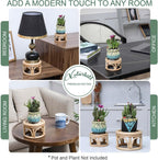 Set of 2 Small Boho Rattan Wicker Round Riser Plant Stand Indoor,Rustic Farmhouse Natural Wooden Circle Pedestal for Decor & Display, Tabletop, Office Decor