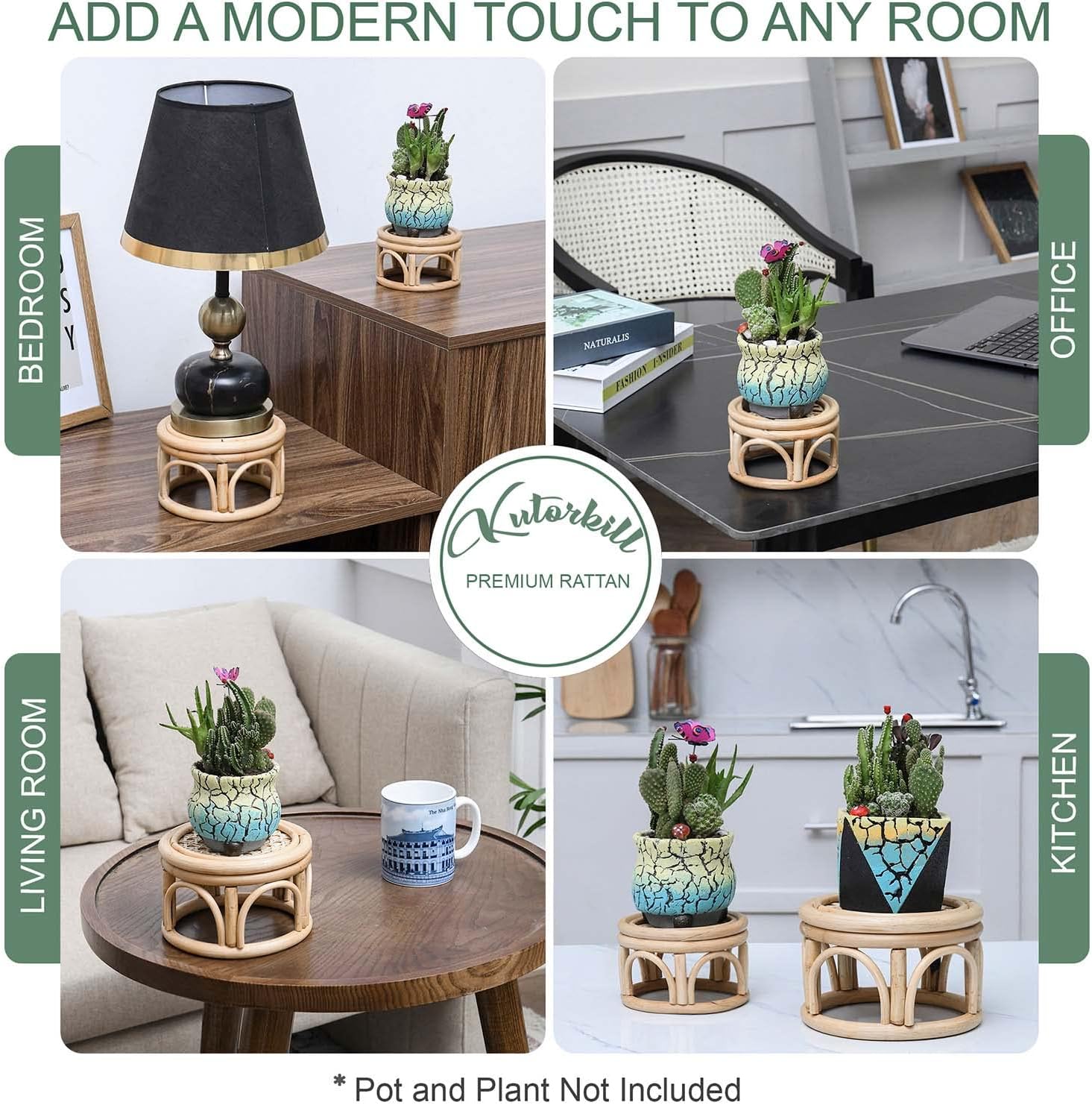 Set of 2 Small Boho Rattan Wicker Round Riser Plant Stand Indoor,Rustic Farmhouse Natural Wooden Circle Pedestal for Decor & Display, Tabletop, Office Decor
