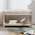Farmhouse Storage Bench Wooden Entryway Linen Upholstered Ottoman Button Tufted Bench for Bedroom End of Bed Hallway Organizer, Beige, 32 Inch