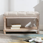 Farmhouse Storage Bench Wooden Entryway Linen Upholstered Ottoman Button Tufted Bench for Bedroom End of Bed Hallway Organizer, Beige, 32 Inch