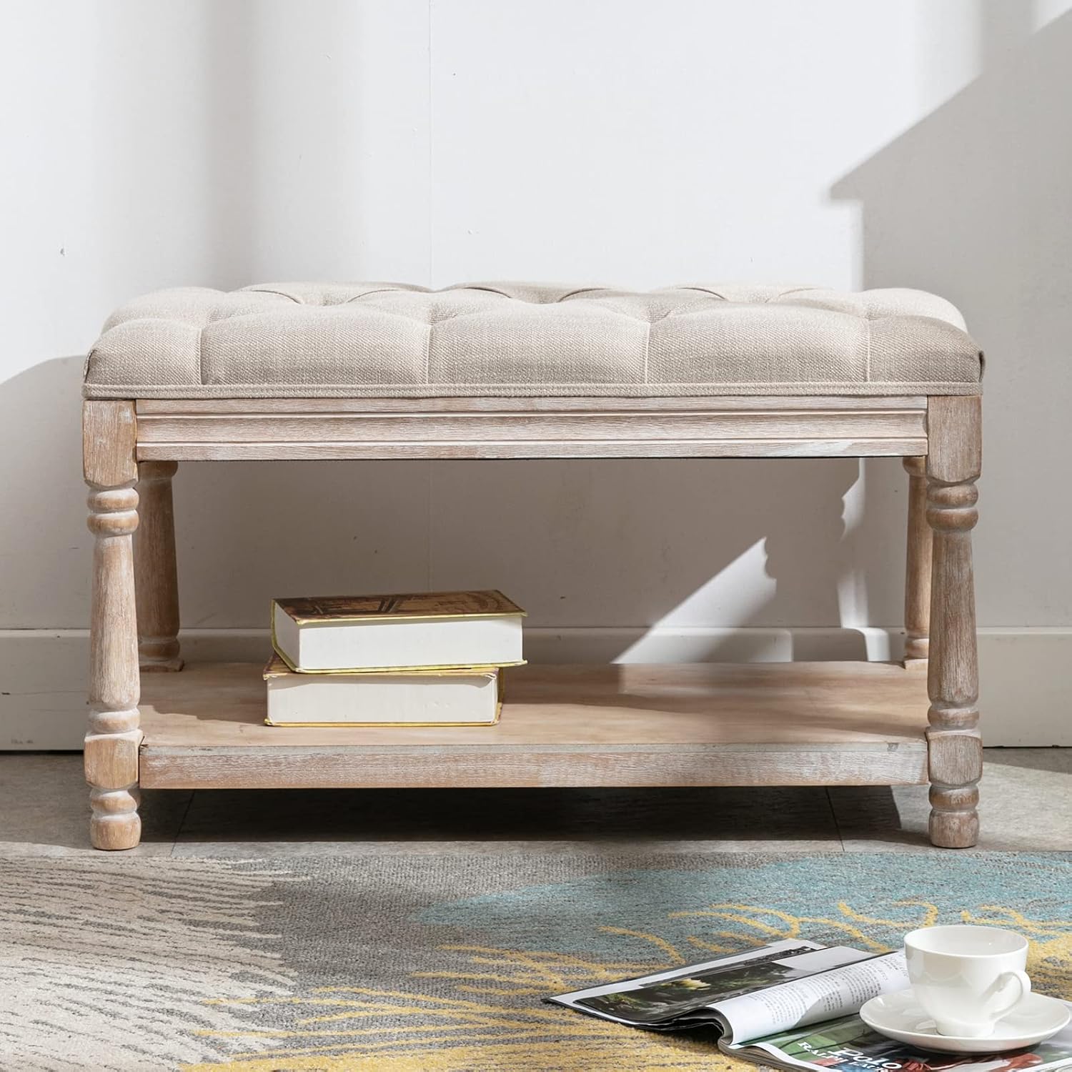 Farmhouse Storage Bench Wooden Entryway Linen Upholstered Ottoman Button Tufted Bench for Bedroom End of Bed Hallway Organizer, Beige, 32 Inch