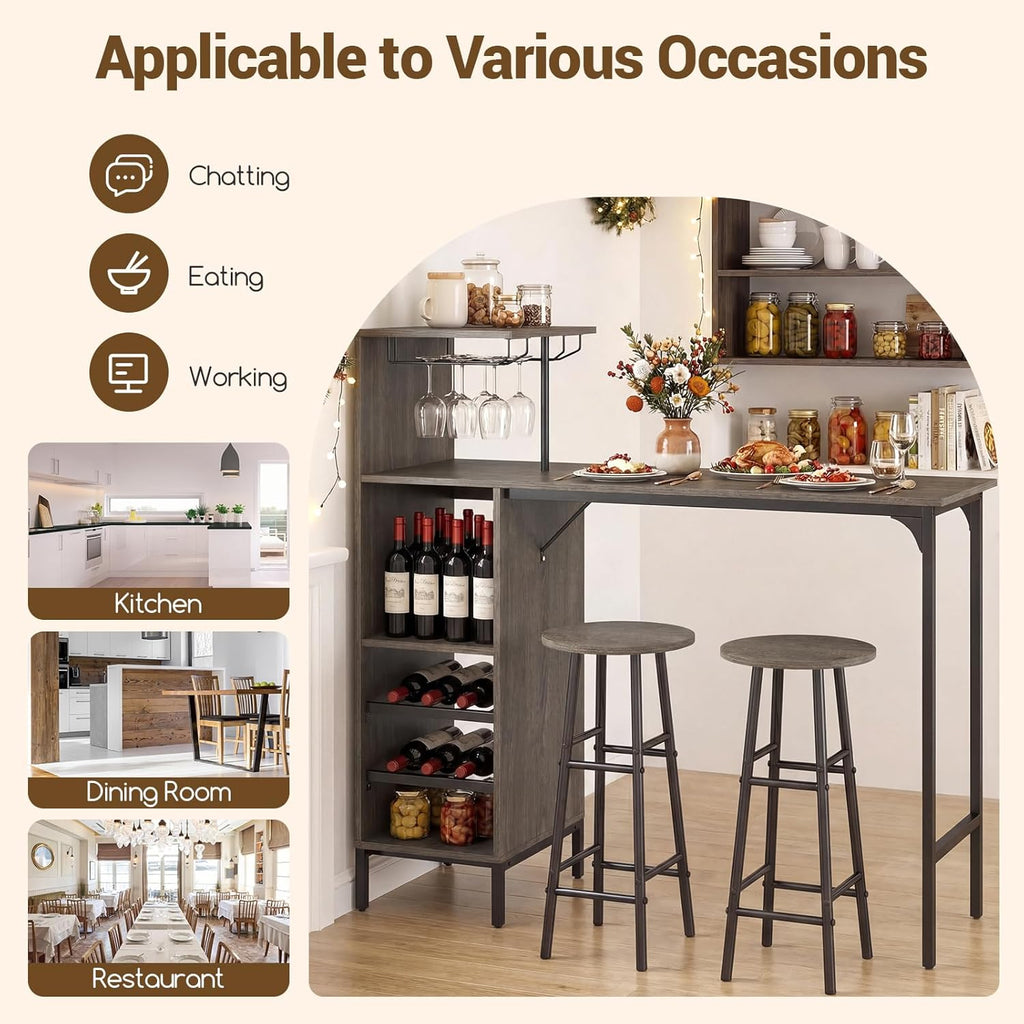 Giantex 3 Pieces Bar Table and Stools Set, Bistro Table Set with Glass Holder, 2 Tier Wine Rack & Storage Shelves, Kitchen Counter Table with 2 Stools for Home, Dining Room, Restaurant (Oak Gray)
