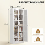 Kitchen Pantry Cabinet, 72" H Storage Cabinet with Glass Doors and Adjustable Shelves, Spacious Cupboard with Round Handles, Metal Kitchen Cabinet for Dining Room, Living Room, White