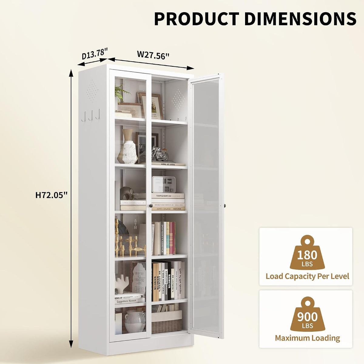 Kitchen Pantry Cabinet, 72" H Storage Cabinet with Glass Doors and Adjustable Shelves, Spacious Cupboard with Round Handles, Metal Kitchen Cabinet for Dining Room, Living Room, White