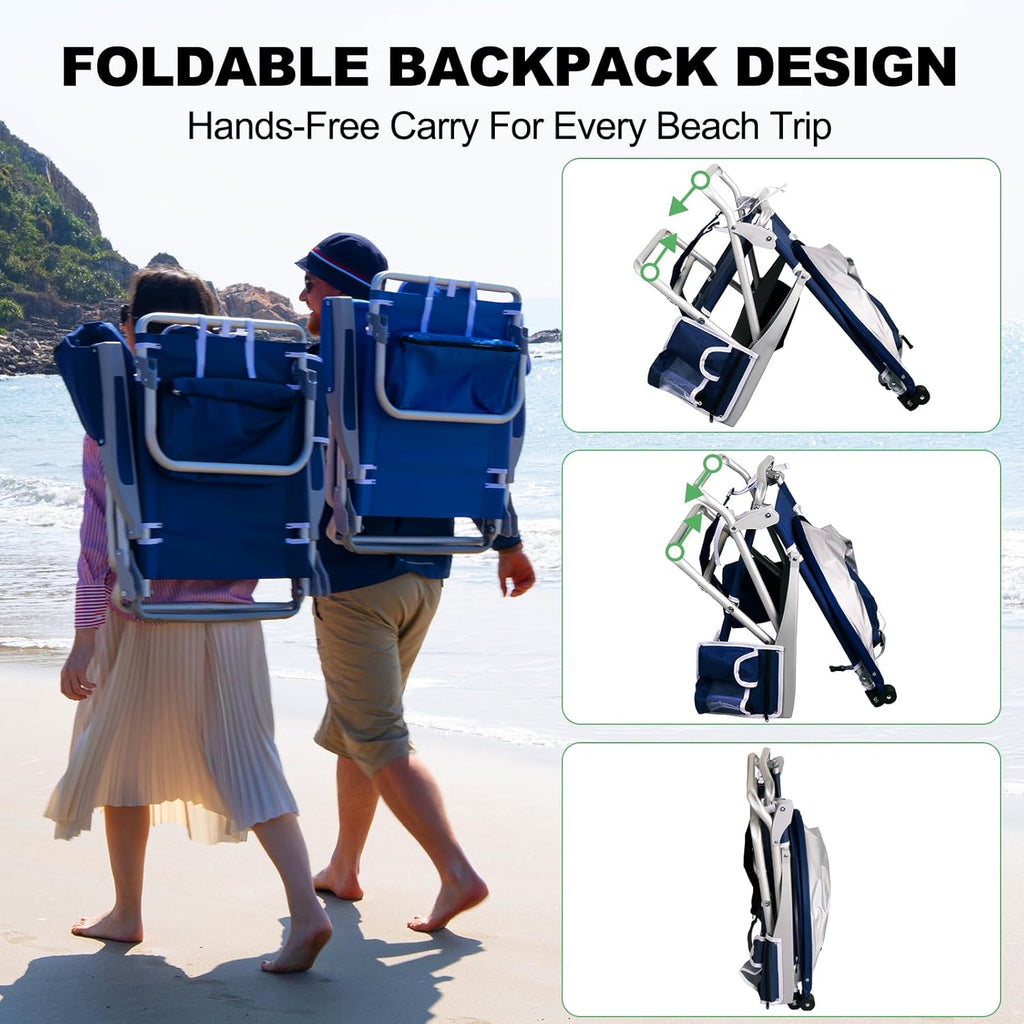 Romswi Extra Wide Beach Chair with Canopy Shade, 2 Pack Aluminum Folding Chairs with Detachable & Adjustable Umbrella, 5-Position Lay Flat, Cooler Bag, Cup & Phone Holder, Towel Bar, Navy Blue