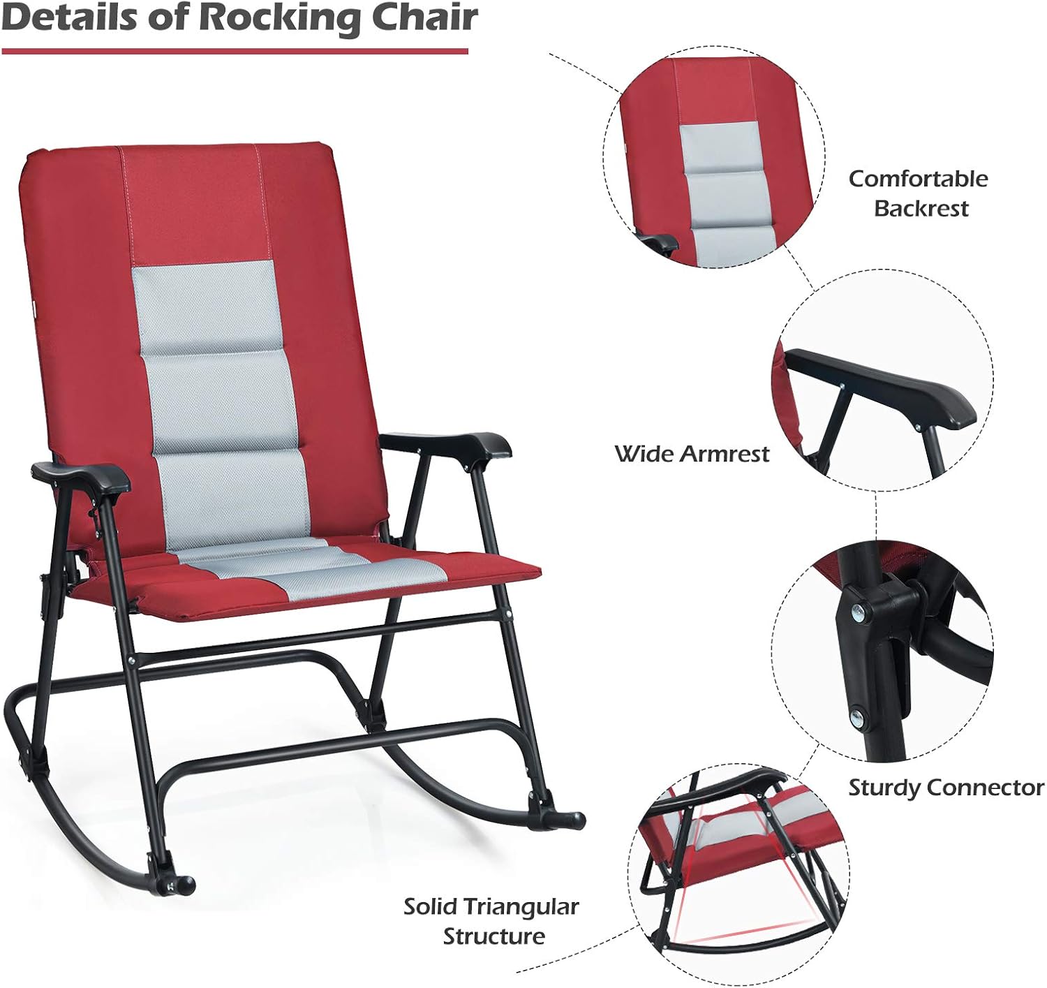 Giantex Camping Rocking Chair Foldable Oversized with Padded Armrest and Seat Folding Lawn Chair 350 lbs Weight Capacity for Outdoor, Patio, Lawn, Backyard, Garden Portable Chair (1, Red)
