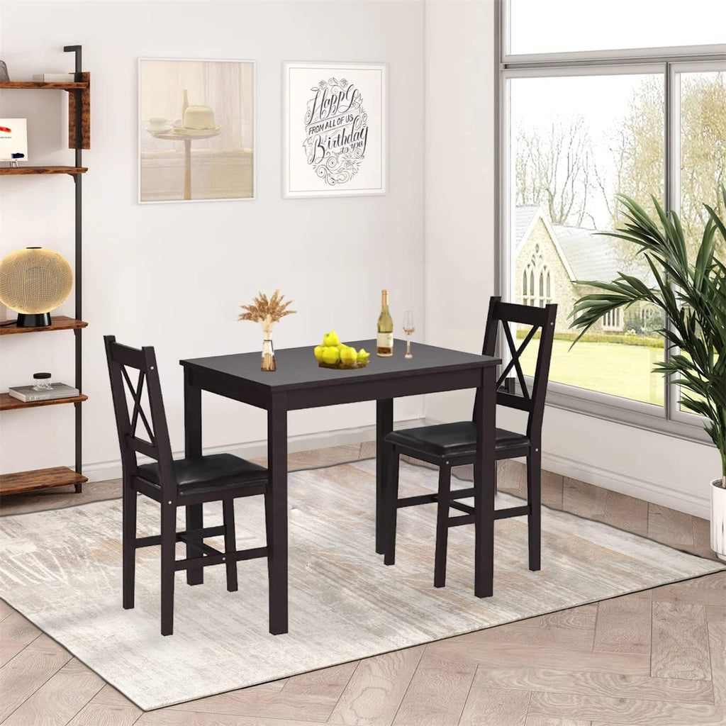 3-Piece Solid Wood Kitchen Table Set for 2 | Pine Dining Table with Upholstered Chairs | Space-Saving Design | Smooth Easy-to-Clean Surface | for Dining Room, Apartment, Restaurant, Dark Brown
