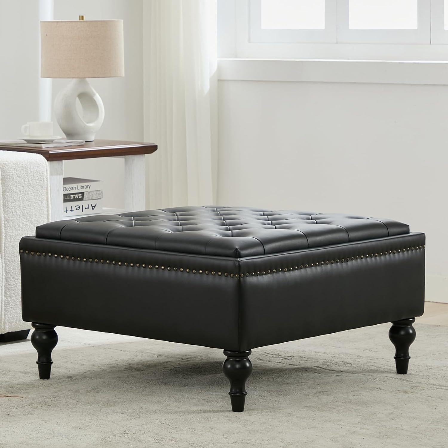 Storage Ottoman Coffee Table, Large Ottoman with Storage Oversized Square Footstool with Anti-Slip Embedded Lid, Tufted Upholstered Ottomans for Living Room, Black Faux Leather