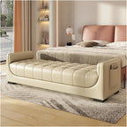 Modern Leather Bedroom Ottoman Bench,Upholstered End of Bed Modern Entryway Shoe with Armrests and Storage Pockets,Living Room Dinning Entryway(White,1.8m)
