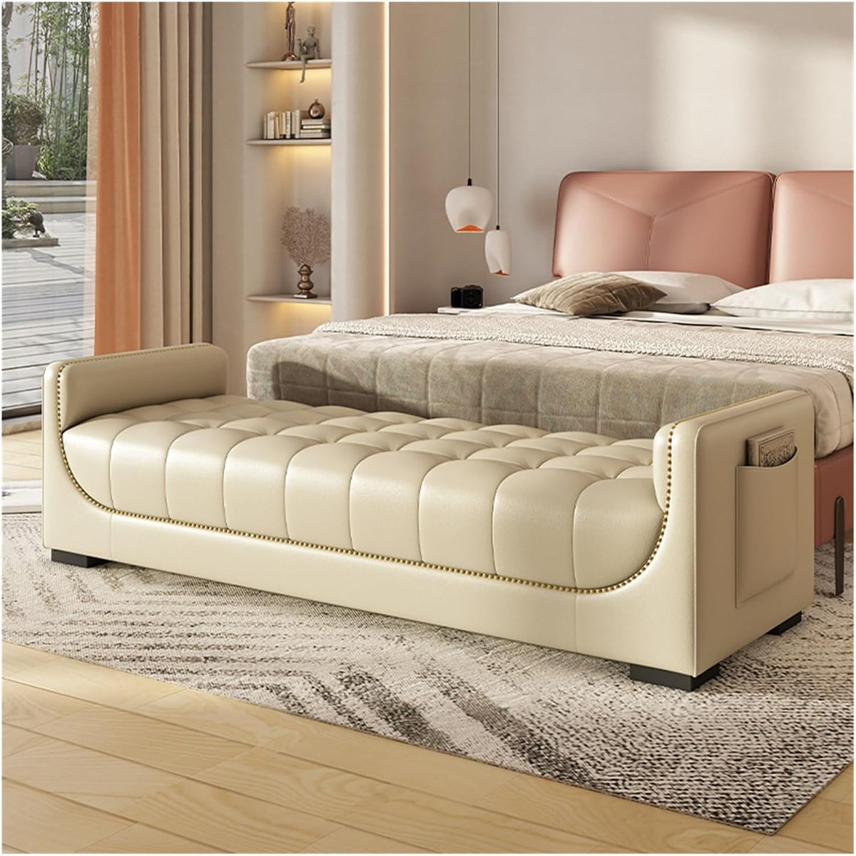 Modern Leather Bedroom Ottoman Bench,Upholstered End of Bed Modern Entryway Shoe with Armrests and Storage Pockets,Living Room Dinning Entryway(White,1.8m)