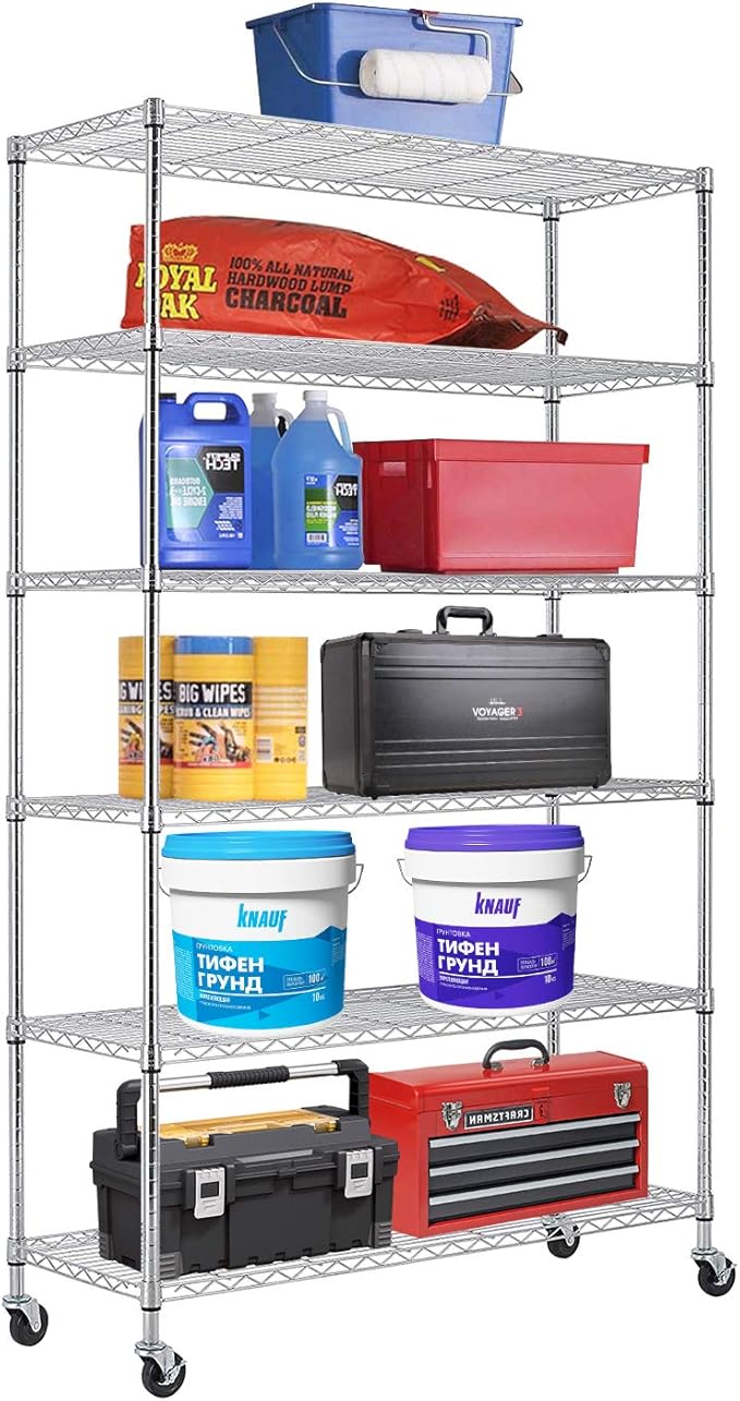 PayLessHere 6 Tier Commercial Grade Wire Shelving Unit Metal Shelf Organizer Heavy Duty Storage Unit Wire Rack NSF Certification 2100LBS Capacity with Wheels-18x48x72