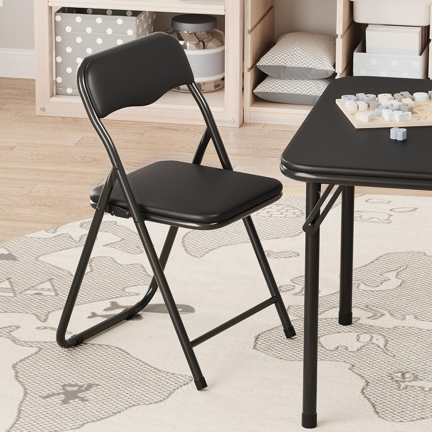 3-Piece Folding Card Table and Chairs Set for Kids, 24 Inch Square Foldable Table with 2 PU Cushion Padded Chairs, Steel Frame Space Saving Set for Game Room, Multipurpose Room, Indoor Use, Black