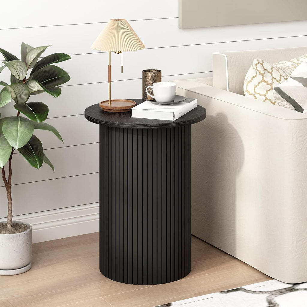 Wnutrees Round Fluted End Table, Small Accent Pedestal Side, Black