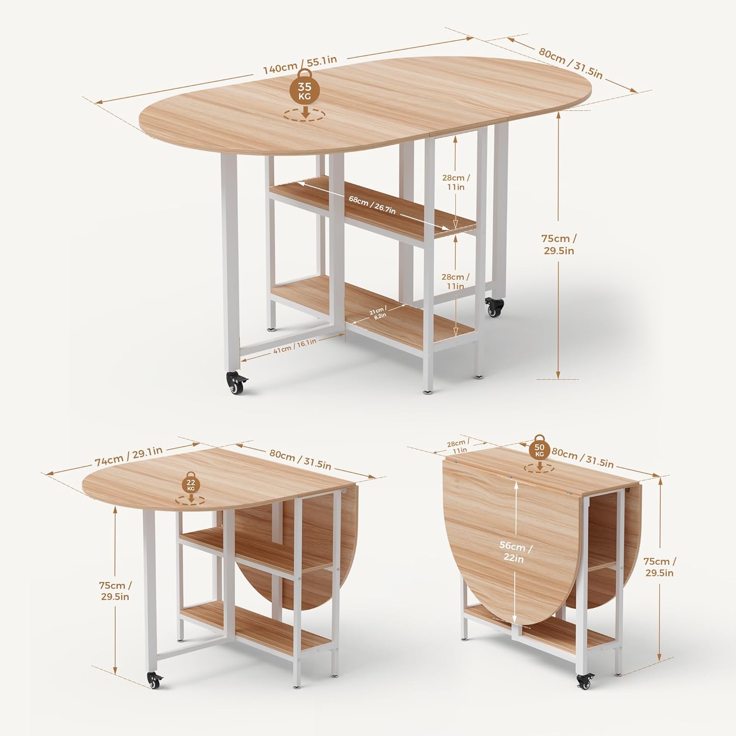 Mondeer Mobile Folding Dining Table, Drop Leaf Table with 2 Open Storage Shelves, Round Edged Design, Small Spaces Dining Room Kitchen (Oak and White) (55 inch)
