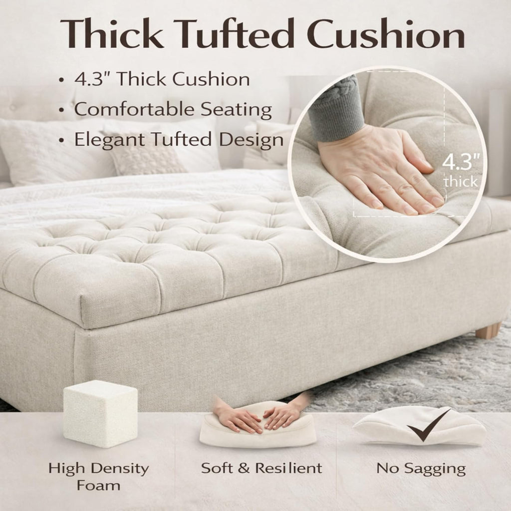 60.2" Storage Bench, End of Bed Storage Benches, Chenille Fabric Upholstered Ottoman Bench with Safety Hinge for Living Room Entryway Bedroom Hallway
