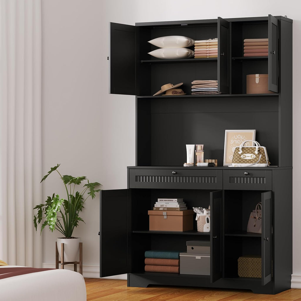 Pantry Storage Cabinet with Charging Station, Kitchen Storage with Adjustable Shelves, Food Pantry Cabinet with Coffee Bar Storage, Modern Kitchen Cupboard for Dining Room, Living Room, Black