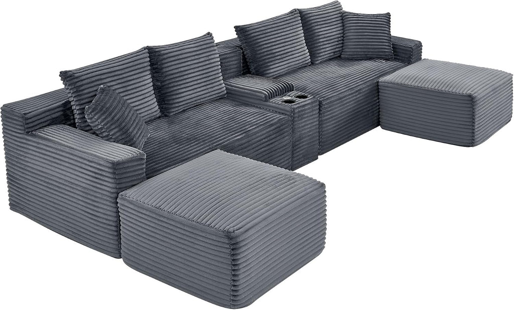 ERYE 127" U-Shaped Cloud Sectional Couch Oversized Modular Compressed Sectional Sofa with Ottoman Chaise Lounges & Console, Plush Corduroy Symmetrical Sofa, Grey