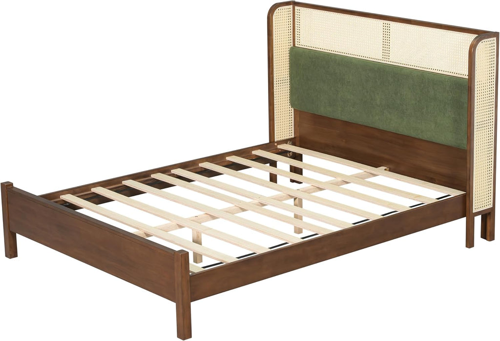 Merax Classic Retro Queen Platform Bed with Rattan Headboard, Wood Bed Frame No Box Spring Needed/Easy Assemble, Walnut + Green