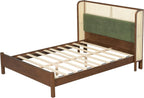 Merax Classic Retro Queen Platform Bed with Rattan Headboard, Wood Bed Frame No Box Spring Needed/Easy Assemble, Walnut + Green