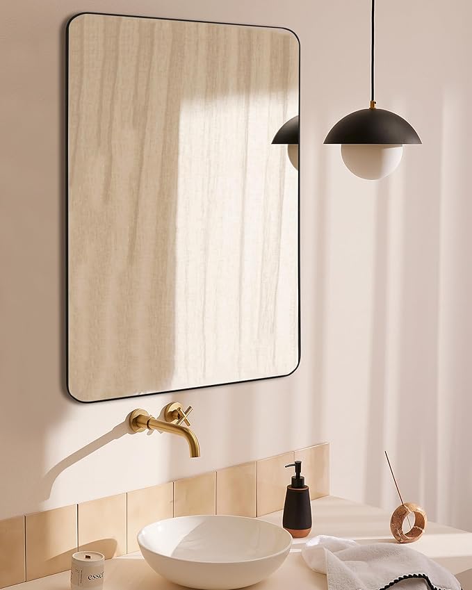 Black Bathroom Mirror,24 x 36 Inch Rectangle Wall Mirror with Wood Frame,Vanity Modern Tempered Glass Mirror for Bedroom,Entryway,Living Room