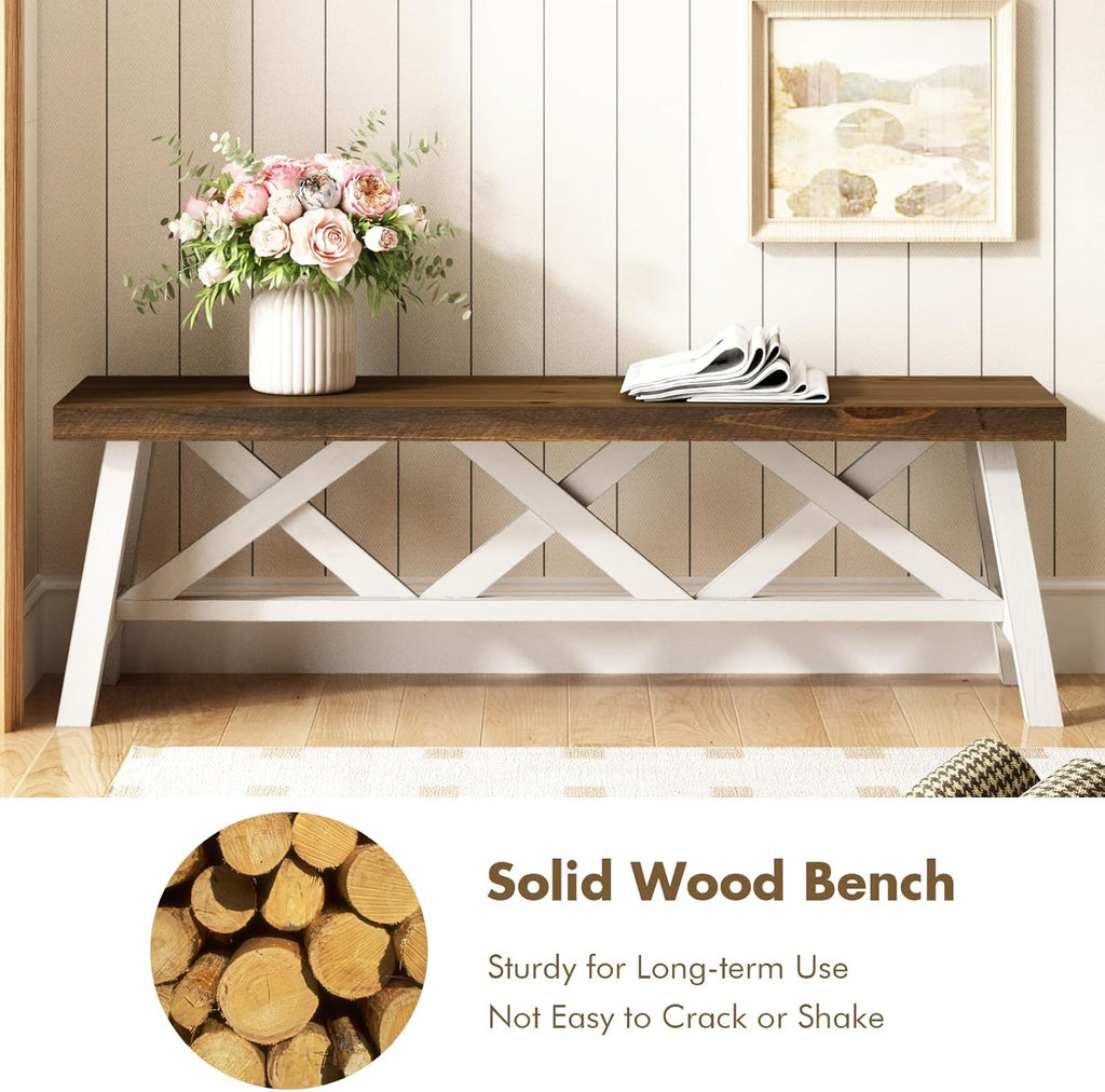 Wnutrees 54" Farmhouse Wood Bench, Rustic Solid Wood Entryway Bench Seat with Double X-Structure for Dining Area Living Room Hallway, Structural Stability, White