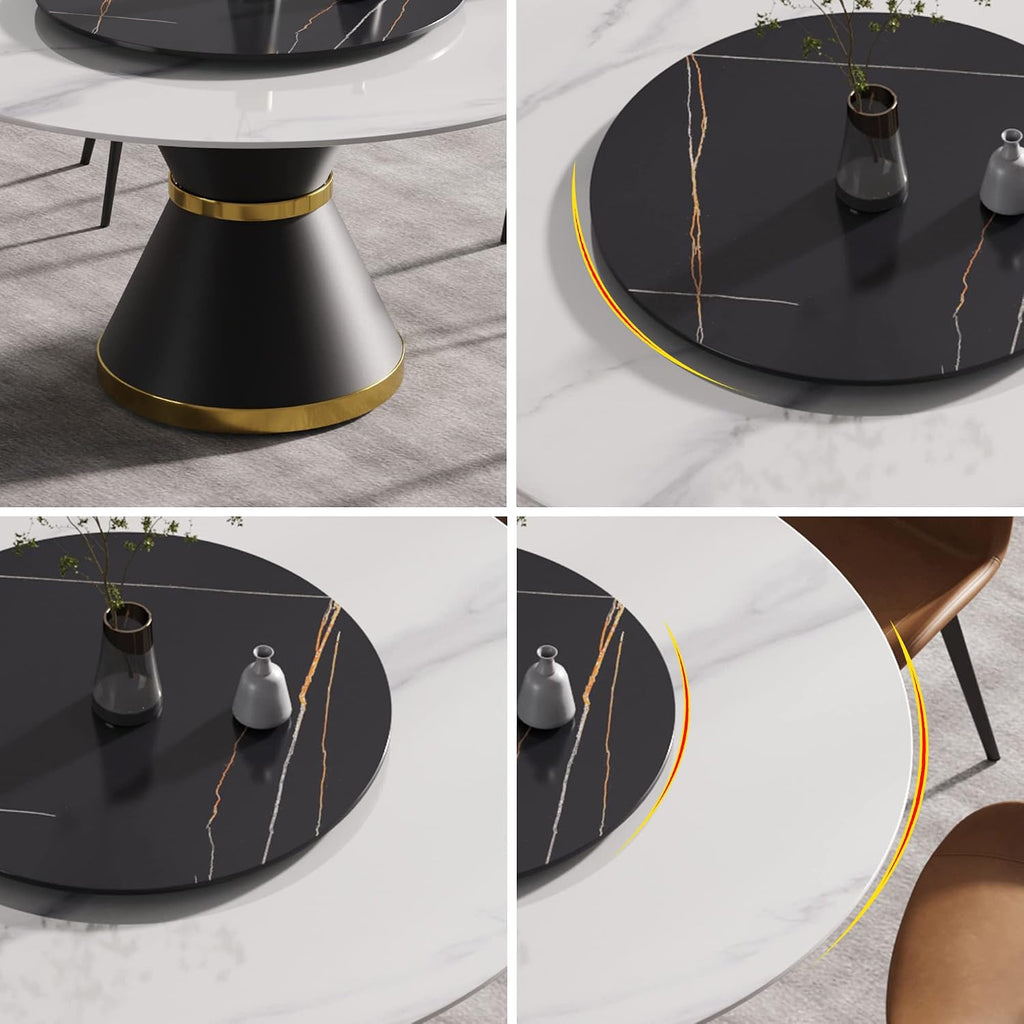 Montary 59” Modern Round Dining Table for 8, Artificial Marble Kitchen Table with Carrara White Sintered Stone Tabletop & Black Gold Lazy Susan, Black Slim Waist Carbon Steel Base