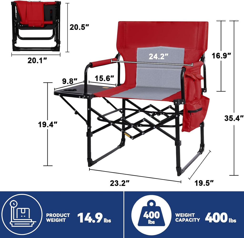 Romswi 2Pack Director Chairs for Outdoor, Folding Camping Chair, Compact Directors Chair Side Table and Side Bag, Heavy Duty Oversize Chair for Beach Fishing Picnic, Holds up to 400 lbs Red