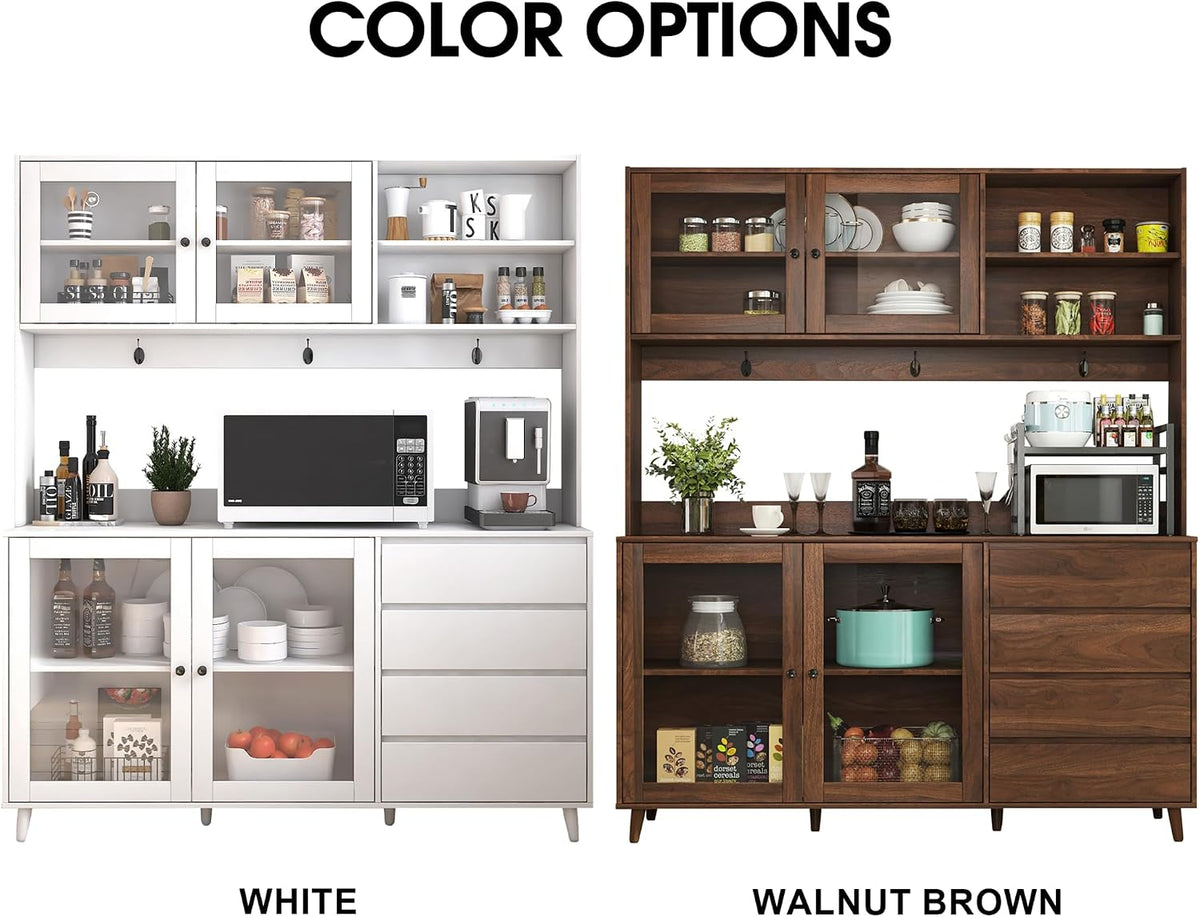 63" Large Kitchen Hutch Cabinet with 4 Doors, 4 Drawers and Microwave Shelf, Farmhouse Pantry Storage Cupboard with Countertop for Kitchen and Dining Room(Walnut Brown)