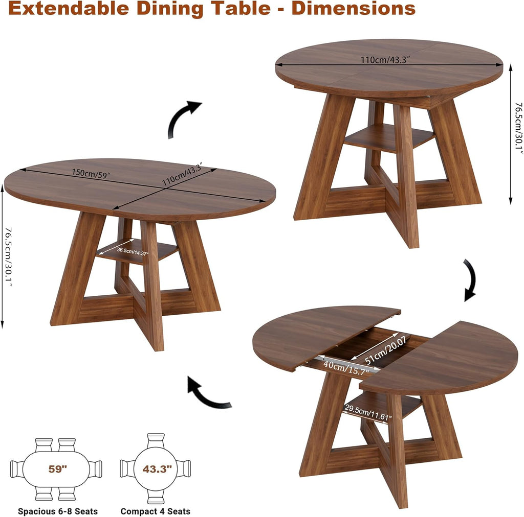 43.3in-59in Extendable Dining Table for 4-6, Round Kitchen Dining Room Table with Removable Leaves Space Saving, Space Saving, Wooden Cross Base with Storage Shelf for Kitchen Living Room (Walnut)