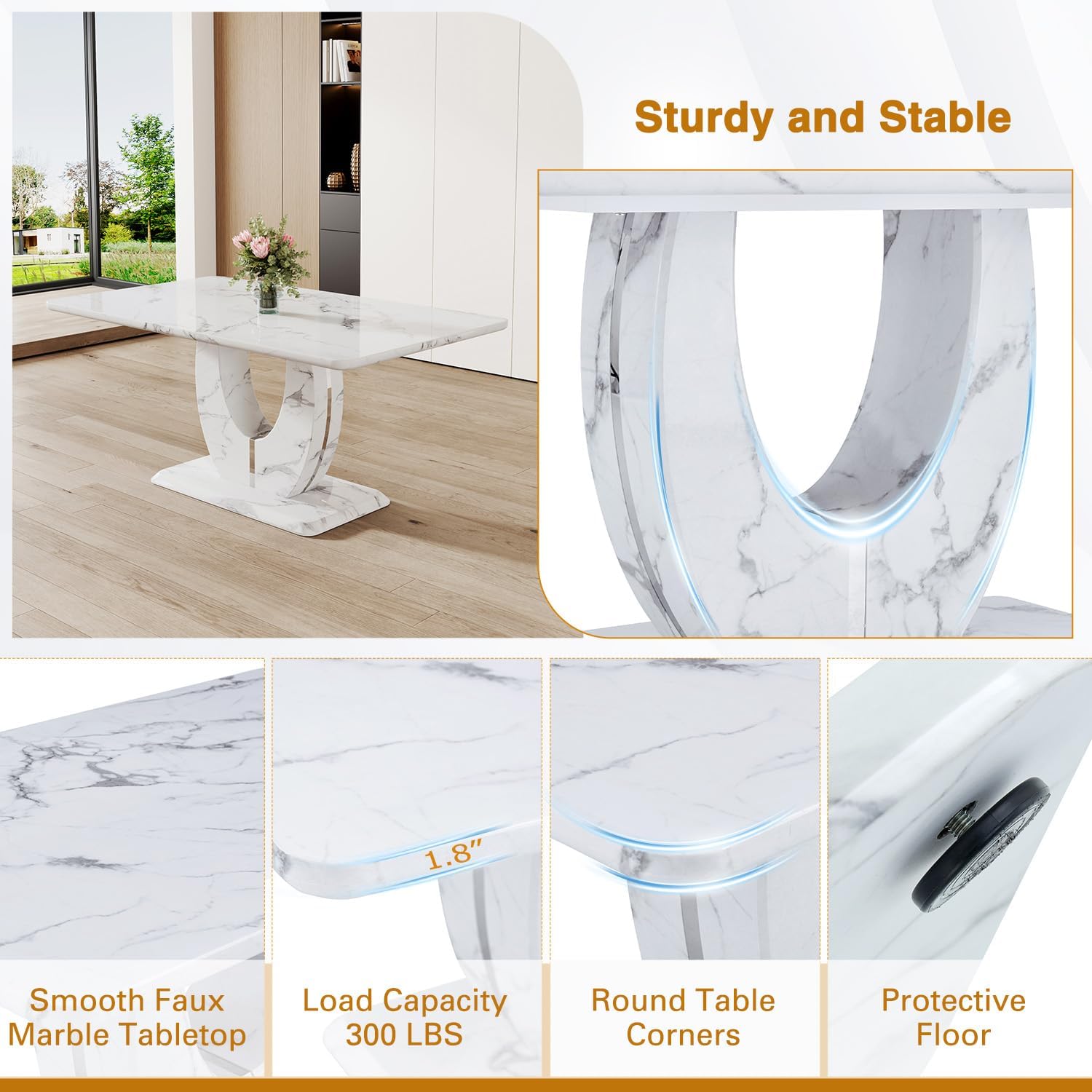 Modern Faux Marble Dining Table Set for 4, 63" White Rectangular Kitchen Table with Elegant U-Shaped Pedestal Base & 4 Tufted Upholstered High-Back Chairs, Luxury 7-Piece Dining Room Furniture Set