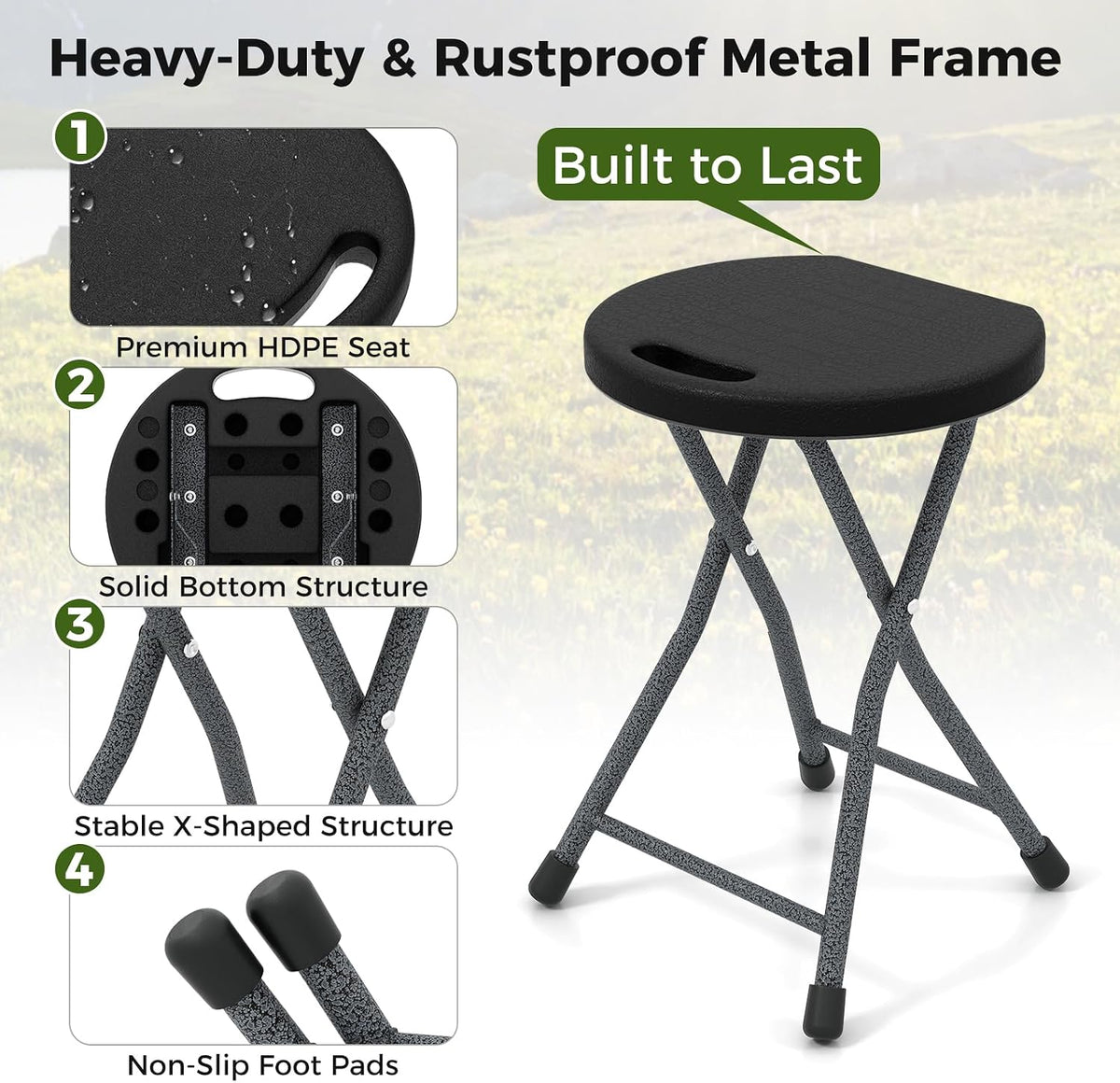 Giantex Folding Stool, 18” Height Foldable Bar Stools, Portable Folding Chairs with Built-in Carry Handle, 330lbs Capacity, Indoor & Outdoor Round Stools for Camping RV Party Event (1, Black)