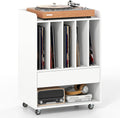 Giantex Record Player Stand, Rolling Turntable Stand with Drawer & Lockable Wheels, Record Player Table Holds Up to 150 Albums, Vinyl Record Storage for Living Room Bedroom, White
