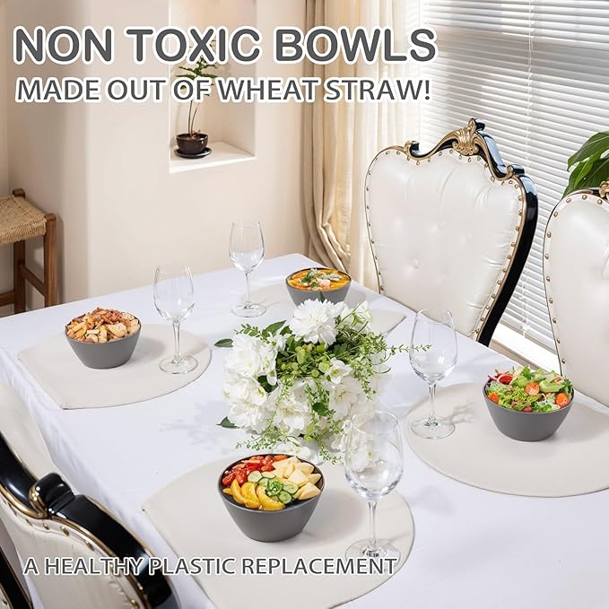 supernal 12PCS Dark Grey Wheat Straw & Hard Plastic Bowls - Reusable Soup Bowls,Unbreakable Fridge/Dishwasher Safe Bowl for Catering,Hot Food,Holiday Meals,Cereal,Ramen (Disposable Snack Bowl)
