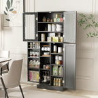 LOKO 63.5" Tall Kitchen Pantry Storage Cabinet, Freestanding Food Storage Cabinet with Glass Doors, Storage Shelves & Door Racks, Modern Cupboard for Dining Room, Living Room (Black)