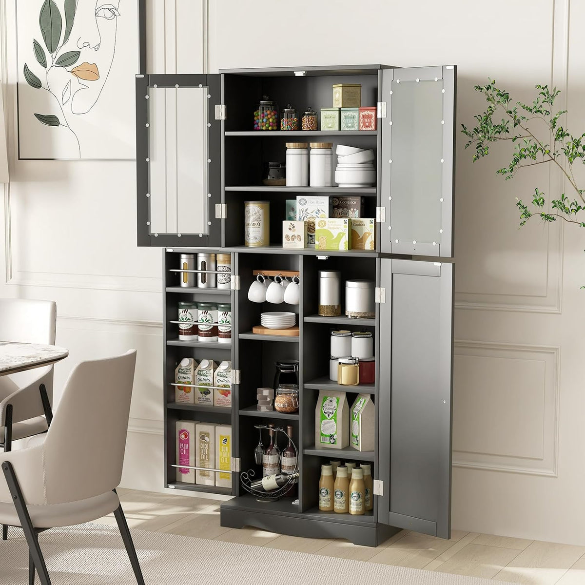 LOKO 63.5" Tall Kitchen Pantry Storage Cabinet, Freestanding Food Storage Cabinet with Glass Doors, Storage Shelves & Door Racks, Modern Cupboard for Dining Room, Living Room (Black)