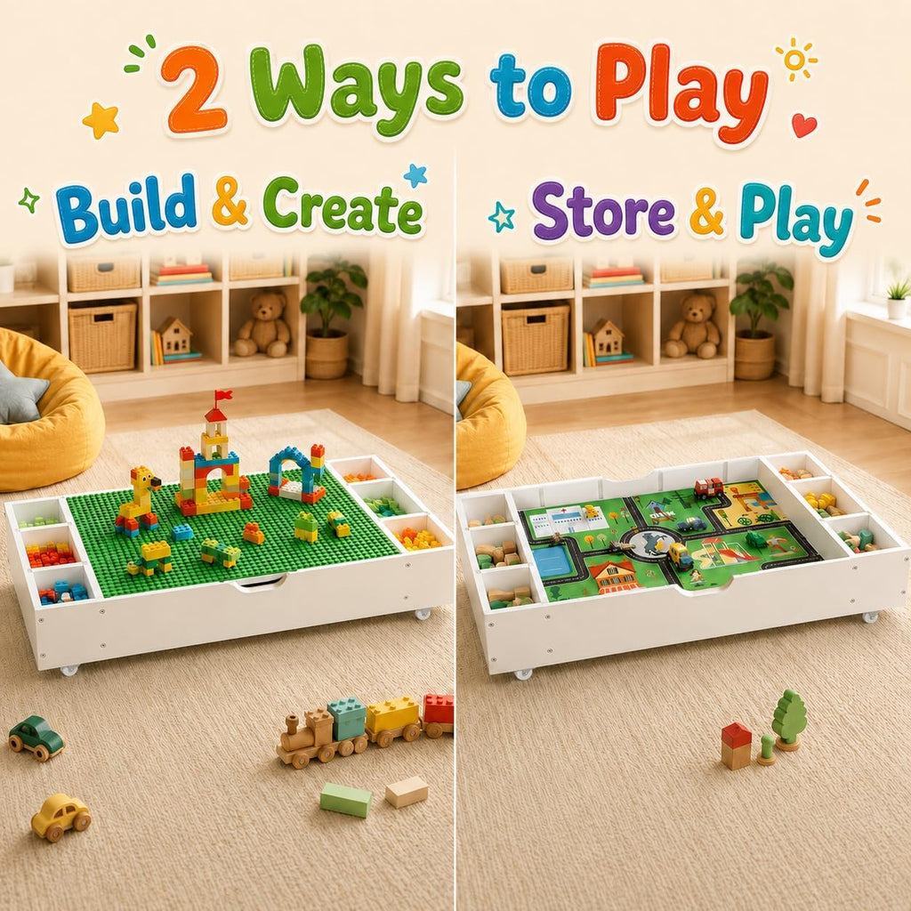 Kids Building Block Table, 3-in-1 Whiteboard Road Map with Storage | Kids Activity Table With 11 Detachable Storage Partitions, Removable Wheels And Low-Profile Under-Bed Or Sofa Design