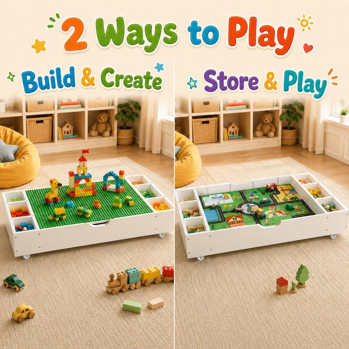 Kids Activity Table, 3-in-1 Block Table with Whiteboard and Storage | 3-in-1 Block, Whiteboard And Road Map Table With 11 Storage Dividers, Removable Wheels And 5.7-Inch Low Profile