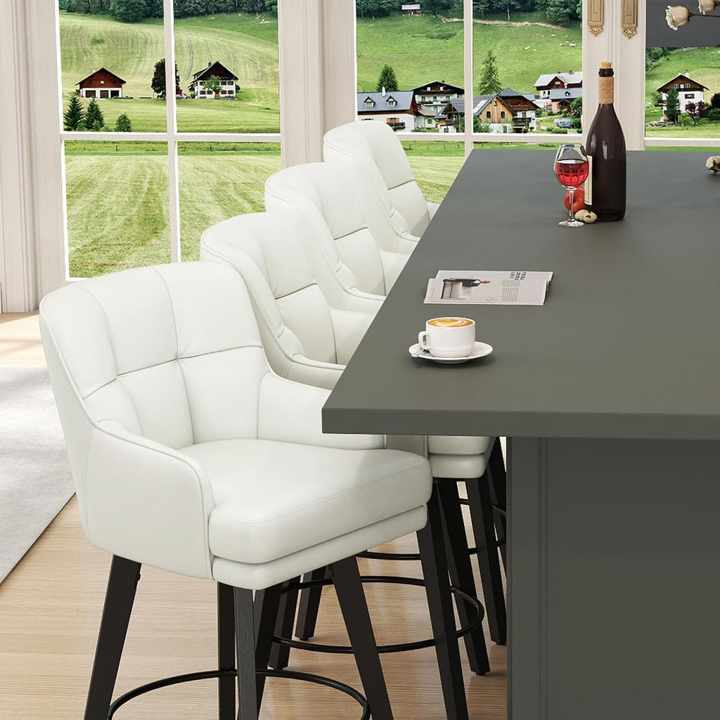 SAECKBERG 360°Swivel Counter Height Bar Stools with Back, 26 inch Solid Wood Legs, Bar Stool Modern Kitchen Island Chairs, Faux Leather (Beige- Faux Leather, 26" H- Set of 2)
