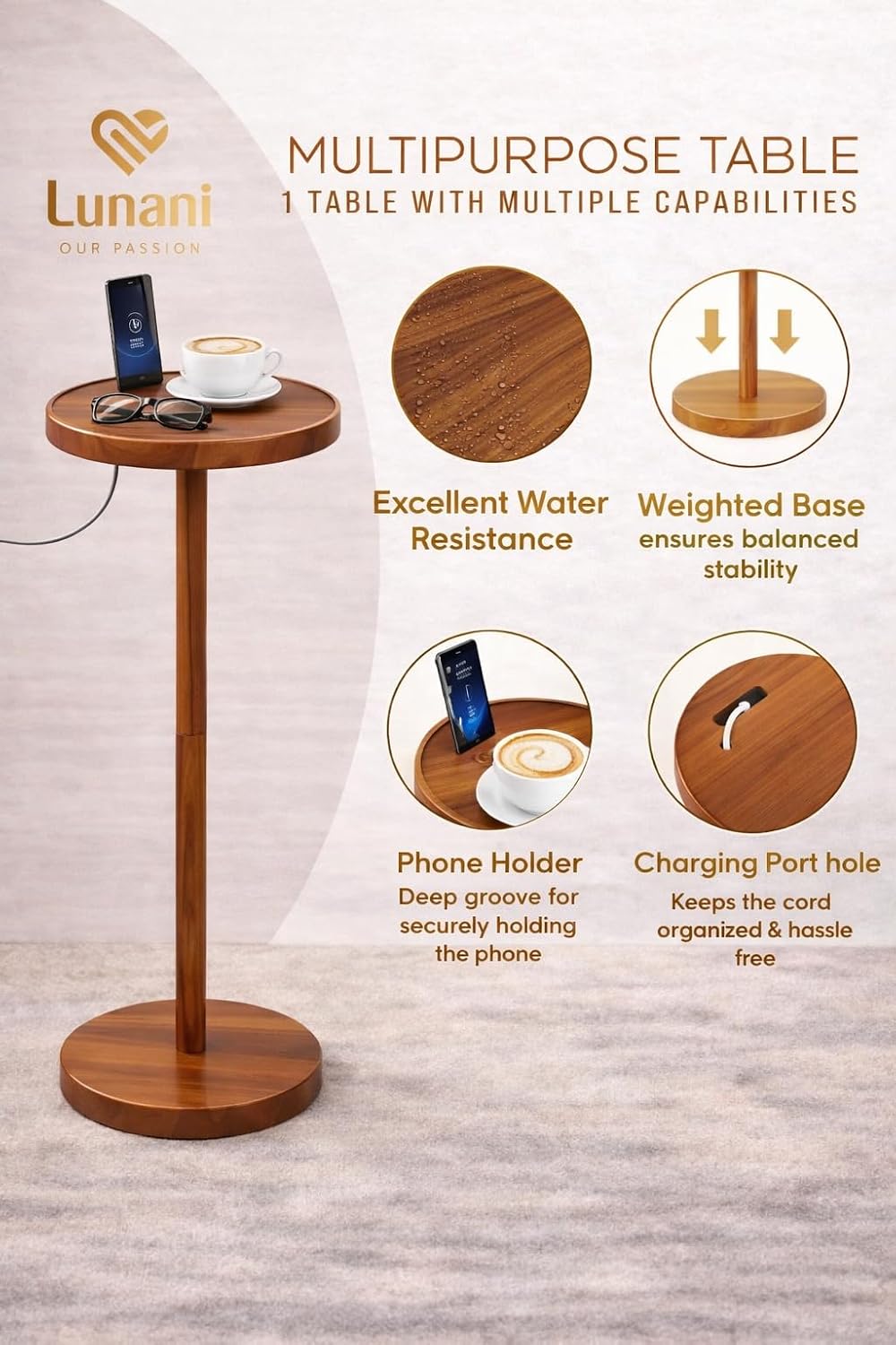 Drink Table for Small Spaces, 24” Tall Pedestal Side Table with Stable Base, Phone Holder & 2 Coasters, Natural Wood Accent End Table for Sofa, Bedside, Balcony or Living Room