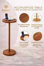 Drink Table for Small Spaces, 24” Tall Pedestal Side Table with Stable Base, Phone Holder & 2 Coasters, Natural Wood Accent End Table for Sofa, Bedside, Balcony or Living Room