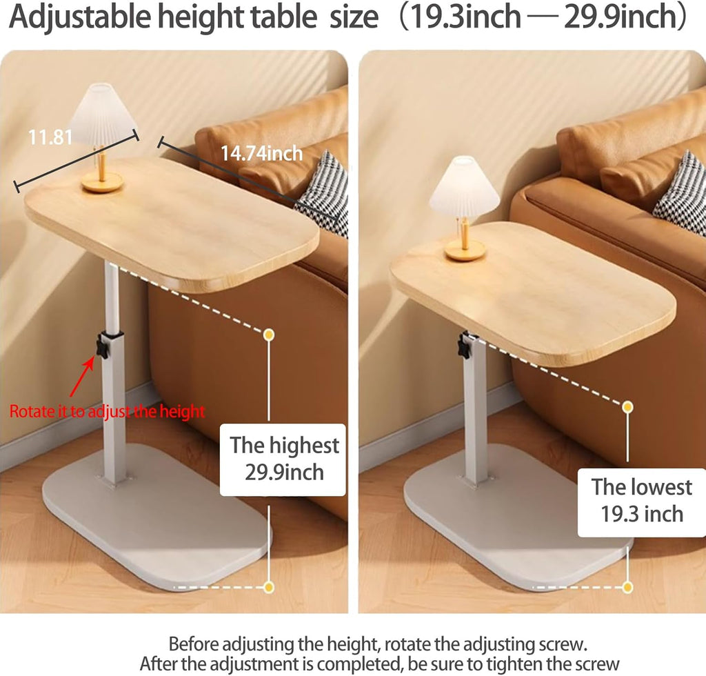 Pedestal Adjustable c Table for Small Spaces，C Shaped End Table Desktop can Turn 360° and the Height of the Sofa Small TV Tray Table Can be Adjusted for Couch