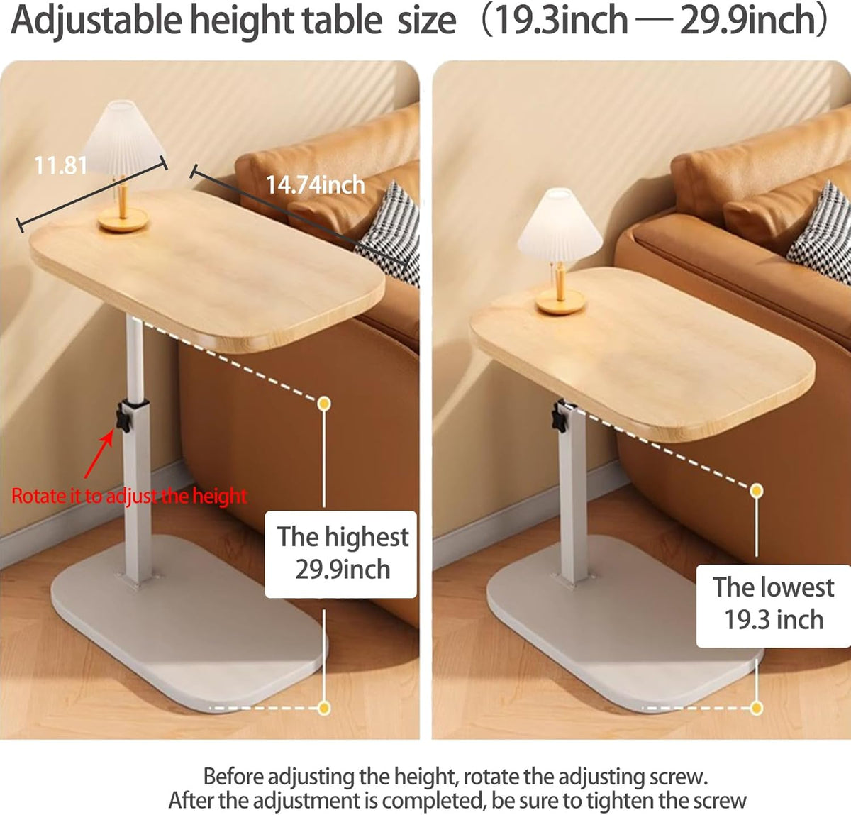 Pedestal Adjustable c Table for Small Spaces，C Shaped End Table Desktop can Turn 360° and the Height of the Sofa Small TV Tray Table Can be Adjusted for Couch