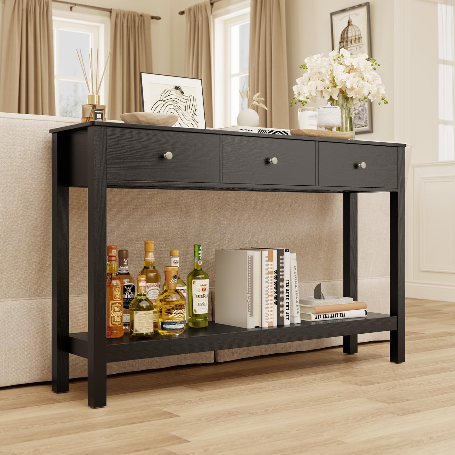 Gizoon 3 Drawer Wooden Sofa Table with Open Shelf | Modern Accent Console Table with Large Storage Space, for Living Room, Front Hall, Entrance Hall, Study Room, Black