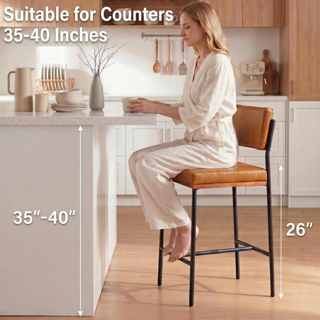 Faux Leather Bar Stools Set of 2,26 Inch Modern Counter Height Bar Stools for Kitchen Island,Counter Stools with Wide Back Sturdy Metal Legs,Brown