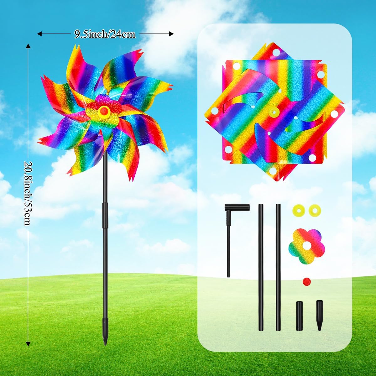 6Pcs Sparkly Pinwheels for Yard and Garden, Reflective Colorful Wind Spinners Yard Decorations Outdoor Windmill, 9.5in Garden Pinwheels to Scare Birds