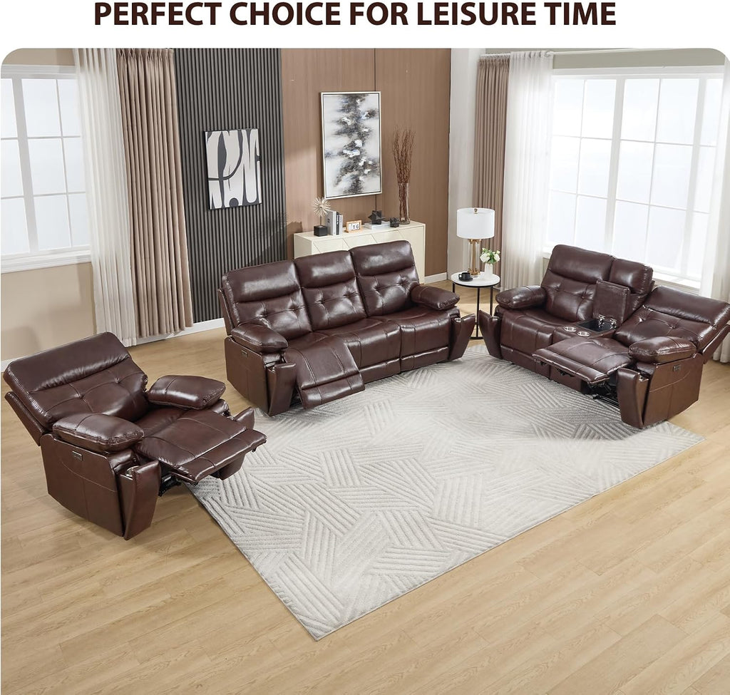 CANMOV Genuine Leather Power Reclining Sofa Set,Living Room Furniture Sofa Set,Power Recliner Chair,Loveseat and Sofa with Storage Console, USB Ports, Cup Holders for Living Room,Dark Brown