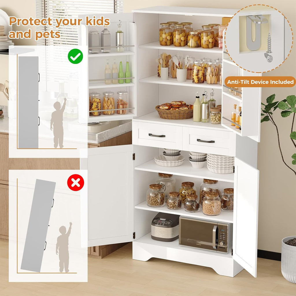 71" Tall Kitchen Pantry Cabinet, Pantry Organizers and Storage Cabinet, Kitchen Storage Cabinets with Doors, Side Storage, 2 Drawer, Adjustable Shelves for Laundry, Bathroom, Garage, White, UXZSG001W