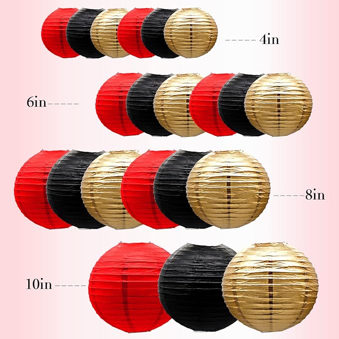 ADLKGG Paper Lanterns Decorations, Red Black Gold Hanging Round Paper Lanterns for Graduation, BBQ Party Supplies, Mickey Mouse Themed Birthday, Pirate Theme Casino Poker Party Decor Set of 21