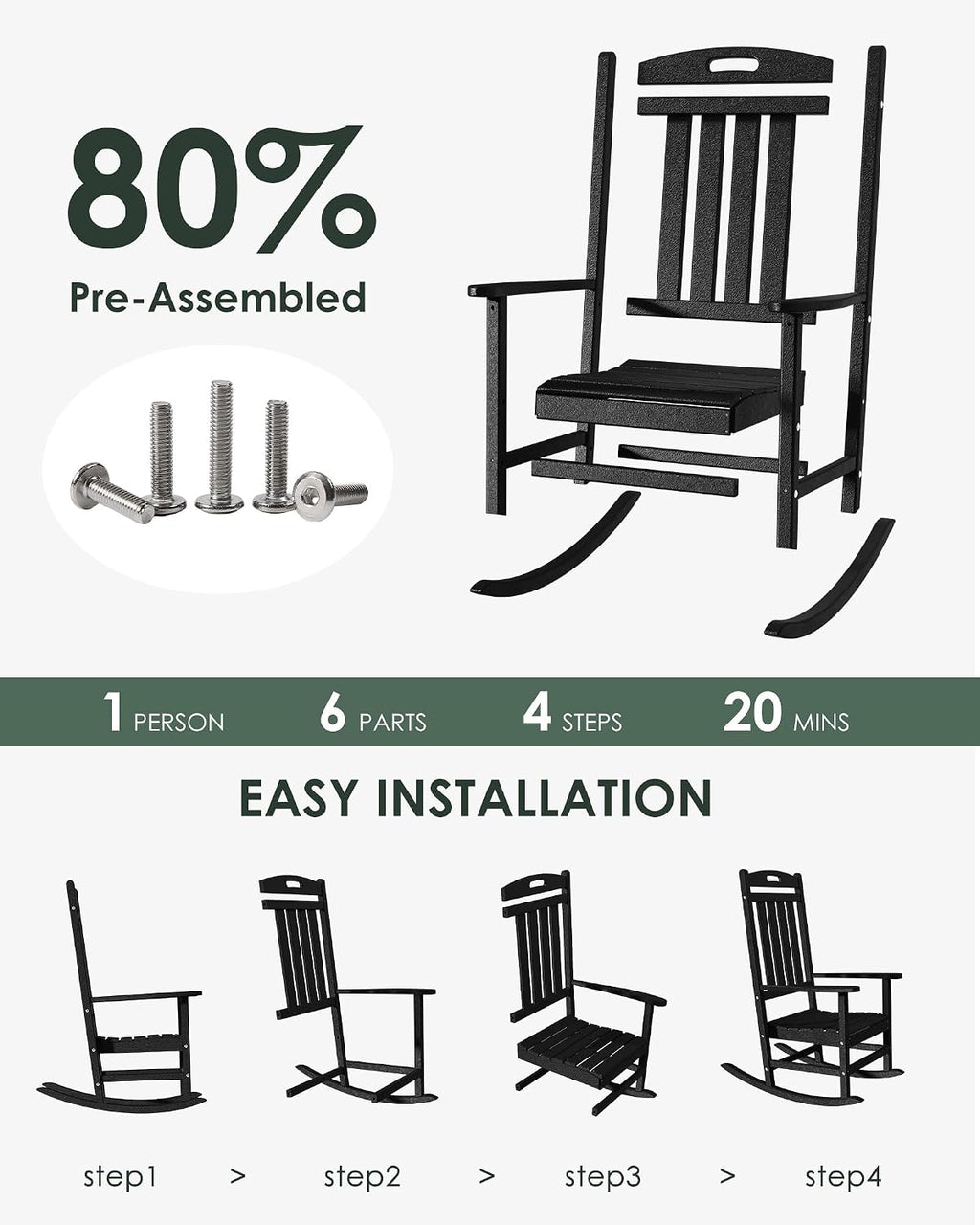Outdoor Rocking Chair, All-Weather Resistant Poly Lumber Rocker Chair Outdoor, High Back Plastic Patio Rocking Chairs for Outside Porch Rocker Garden Lawn, Black